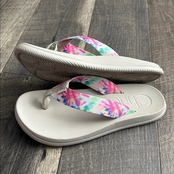 Chaco Women’s White Flip Flops with Rainbow Tie-Dye Straps - Picture 4 of 4